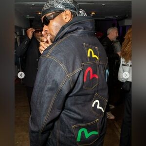 Evisu Denim Jacket Varsity Seagull Print Colorful Multi-Pocket Heavy Thick Denim